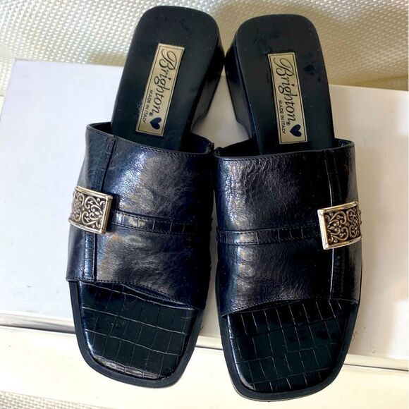 Y2K Brighton square toe sandals in black leather size 6.5 metal lattice detail - Picture 1 of 8